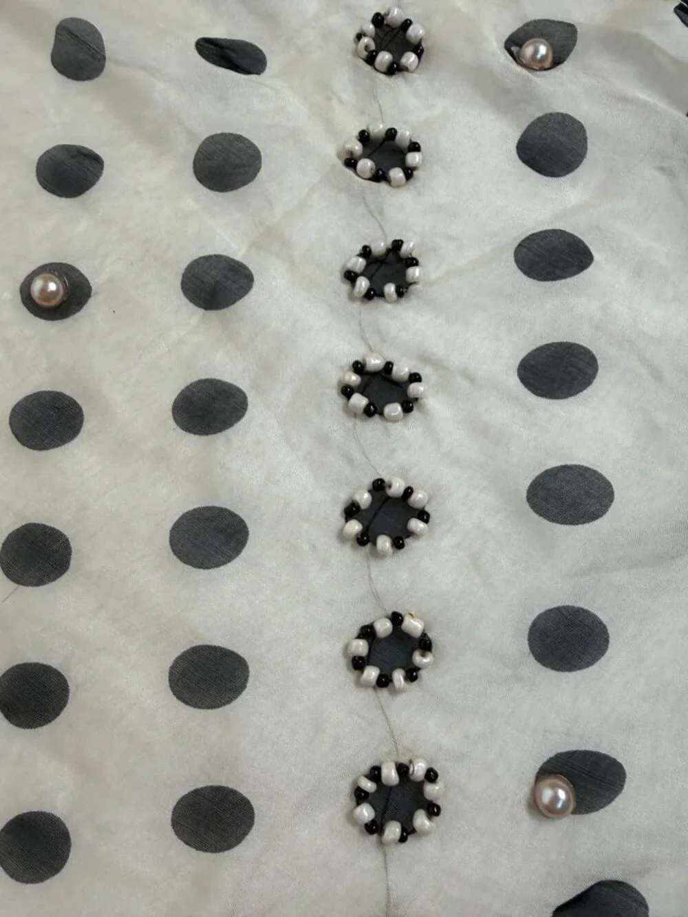 Handmade Beaded Polka Dot Silk Scarf In Beige & Black Good Condition Missing Som